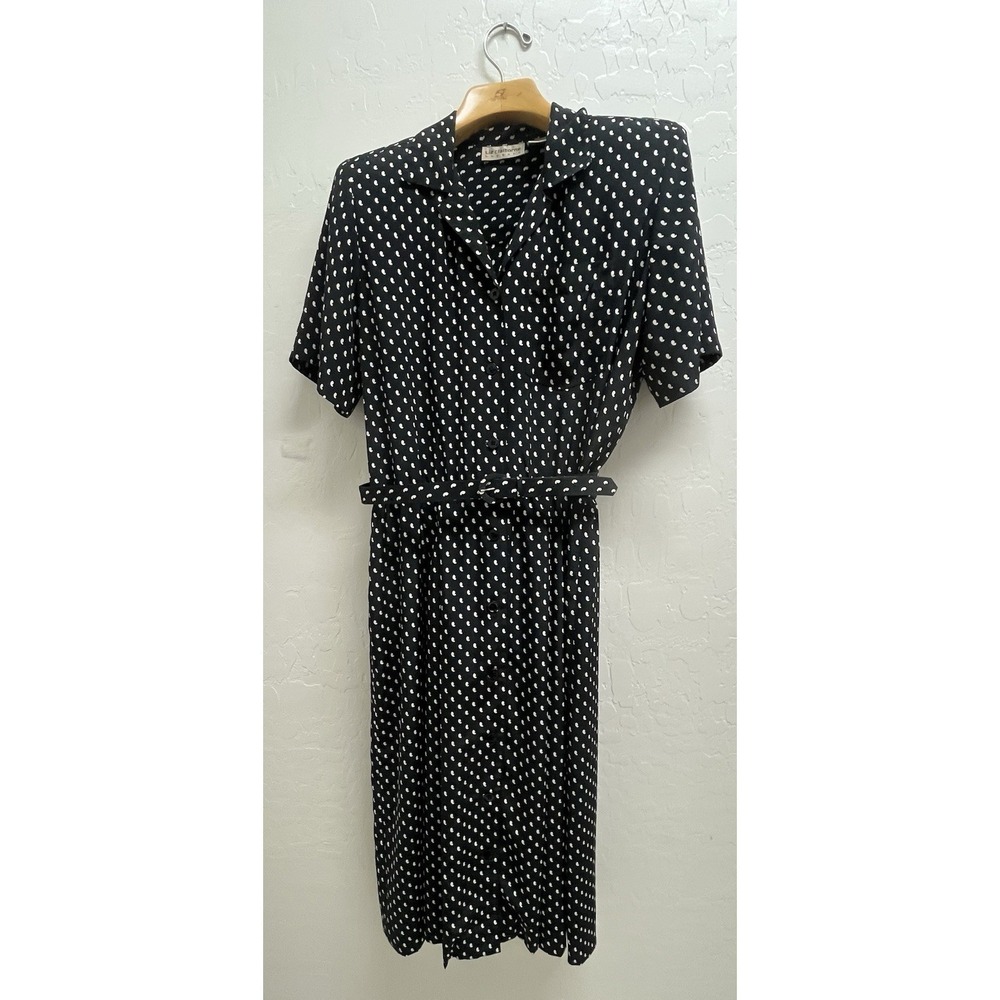 VTG Liz Claiborne Black White Geometric Pattern Button Midi Dress Sz 14 Modest